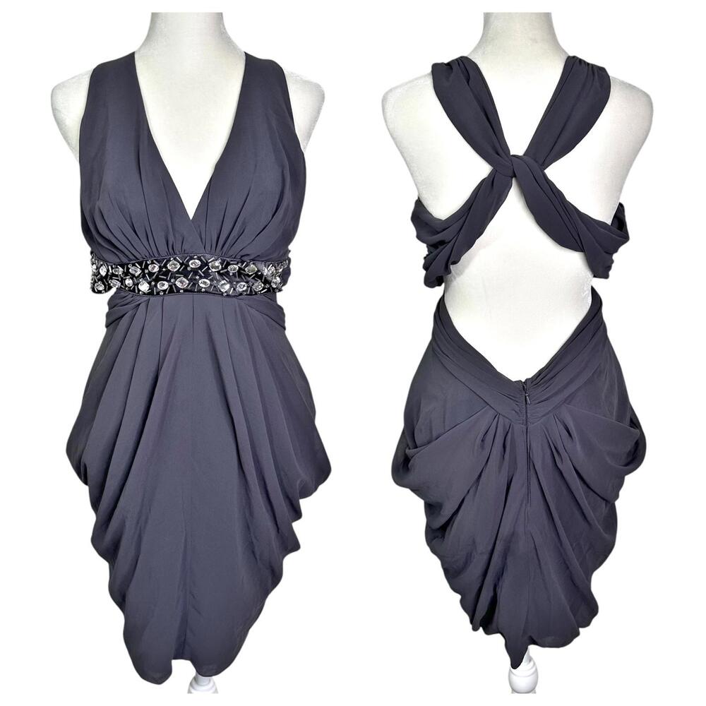 NEW Lipsy London Gray Draped Dress Women’s 6 Embellished Waistline